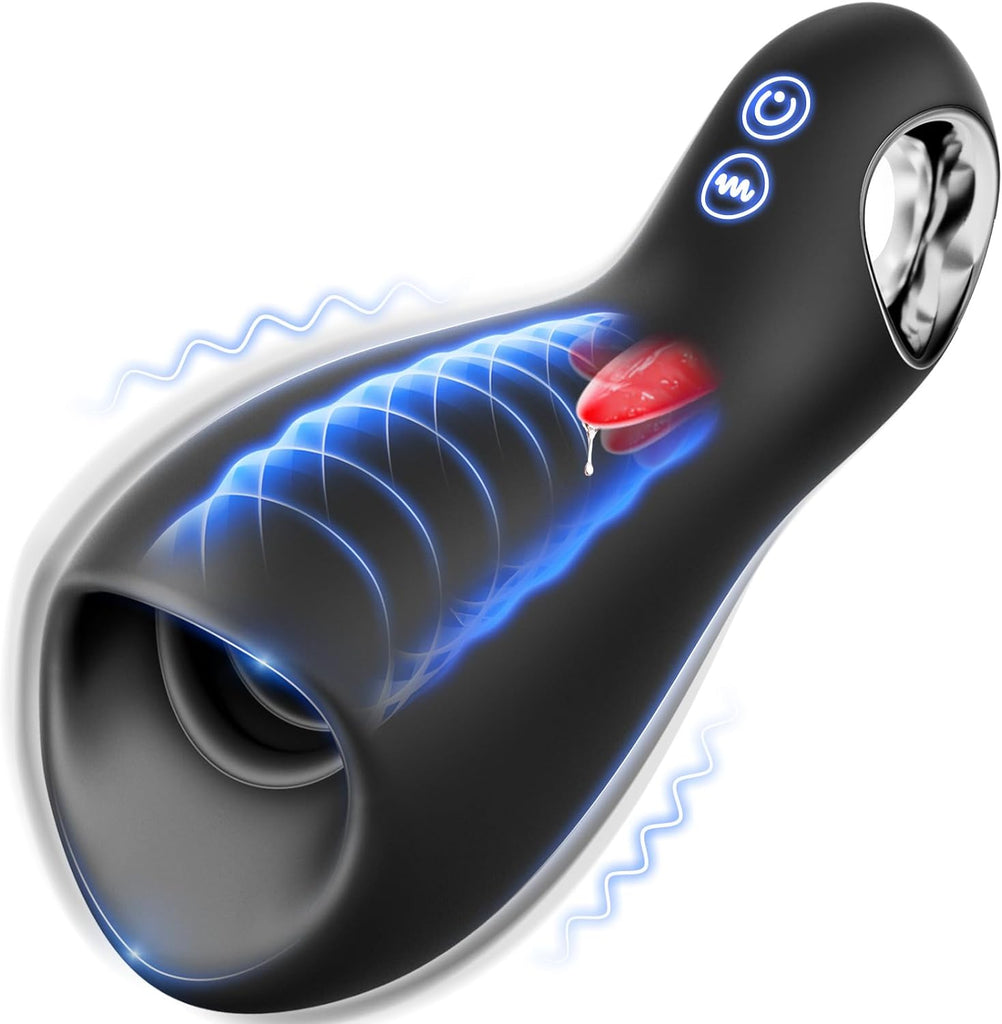 Male Sex Toys for Men Penis Vibrator - 10 Vibrating & 5 Tongue Licking Male Masturbator Penis Trainer Pump with Loop-Handle for Training & Prolong Endurance, 360° Wrapped Mens Stroker Adult Sex Toy