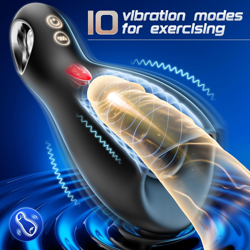 Male Sex Toys for Men Penis Vibrator - 10 Vibrating & 5 Tongue Licking Male Masturbator Penis Trainer Pump with Loop-Handle for Training & Prolong Endurance, 360° Wrapped Mens Stroker Adult Sex Toy