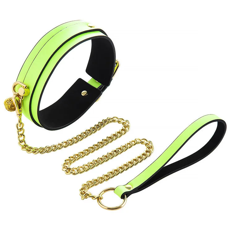 Luminous Pu Leather Chain Collar With Leash Bdsm Bondage