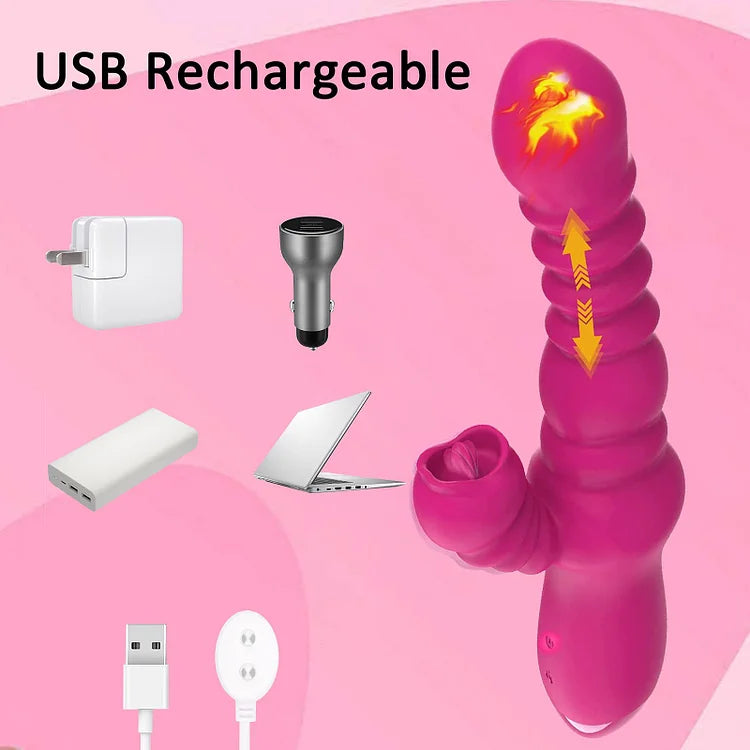 Thrusting Rabbit Vibrator for Tongue Licking Rotating Dildo with 7 Vibration and 3 Telescopic Modes, Bunny Personal Sex Toys for Women Couples