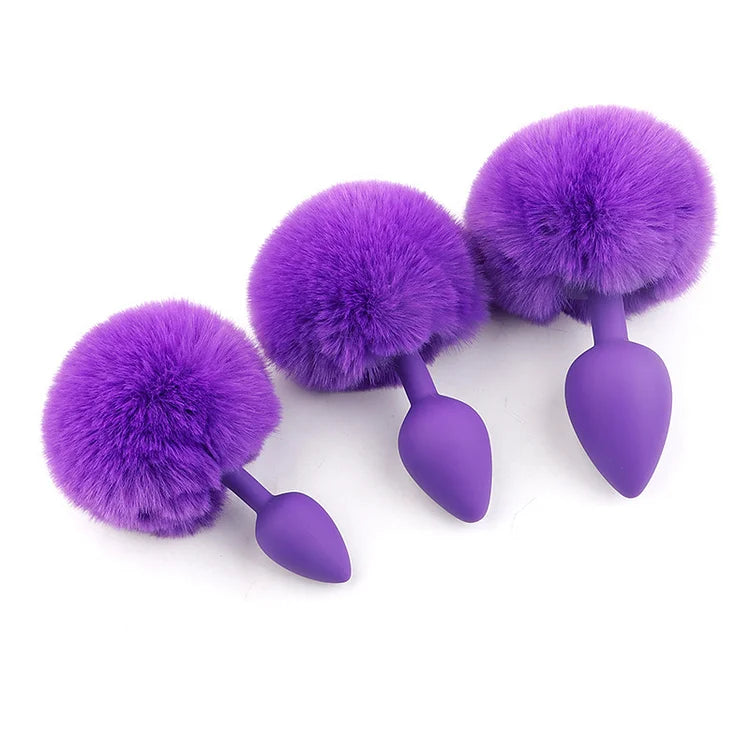 Pure Love Fluffy Bunny Tail, Silicone Anal Butt Plug, 3 Color, Adult Sex Toy